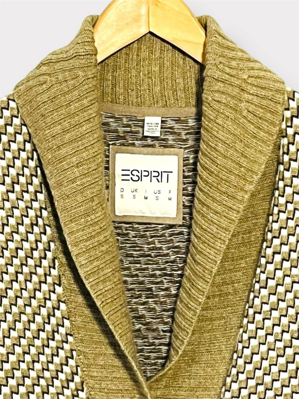 Esprit Y2K Short Sleeve Belted Cardigan Geometric Taupe Cream Black Size S - Picture 5 of 13